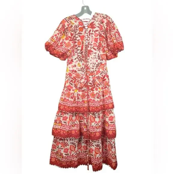Farm Rio size XS romantic orchard tiered midi dress pink red white - Picture 3 of 15